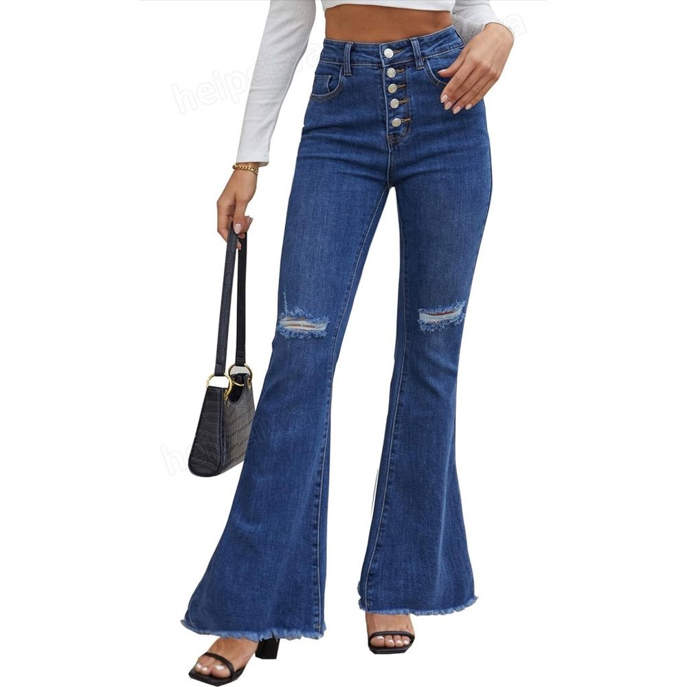 heipeiwa Women's Rhinestone Patchwork Flare Jeans High Rise Bell Bottom Raw Jean